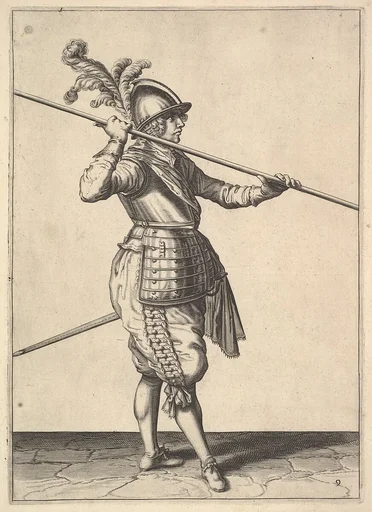 The second movement for bringing the pike on to the shoulder and holding it horizontally, from the Lansquenet series, plate 9, in Wapenhandelinghe van Roers Musquetten Ende Spiessen (The Exercise of Arms)