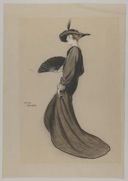 Woman Wearing a Trailing Black Coat and Carrying a Fan — Lewis Baumer