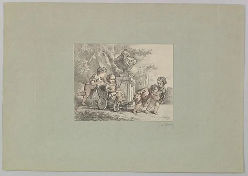 Four Children Playing with a Child's Carriage