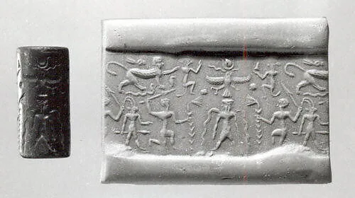 Cylinder seal and modern impression: bearded deity flanked by kneeling heroes; Horus and monkeys; ibex-demon; sphinx trampling serpents — Unknown