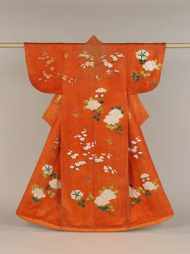 赤緞子地牡丹梅蝶々打掛|Outer Robe (Uchikake) with Peonies, Plum Blossoms, and Butterflies