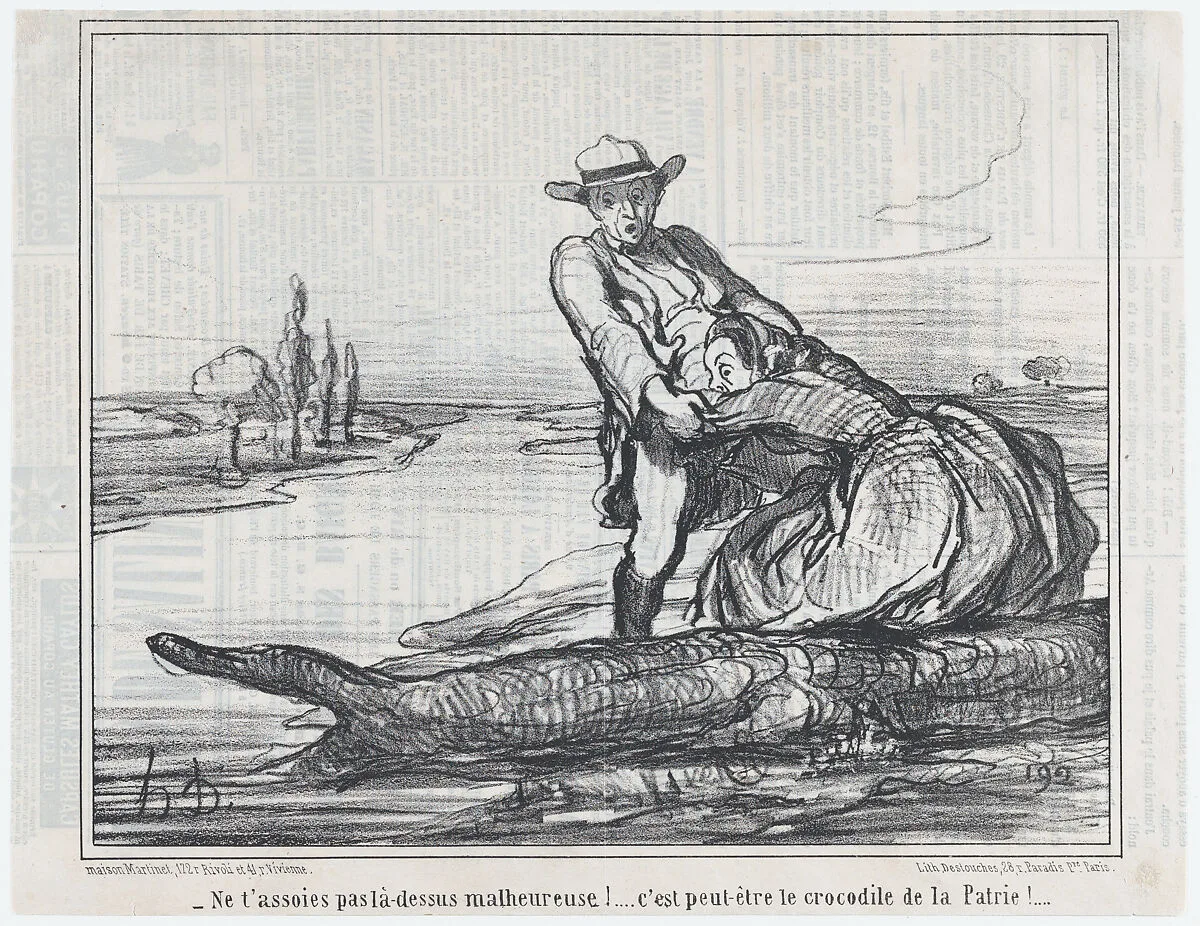 Ne t'assoies pas là-dessus malheureuse!.... c'est peut-être le crocodile de la Patrie!...., from Actualités, published in Le Charivari, July 8, 1858 — Aaron Martinet|Honoré Daumier|Destouches