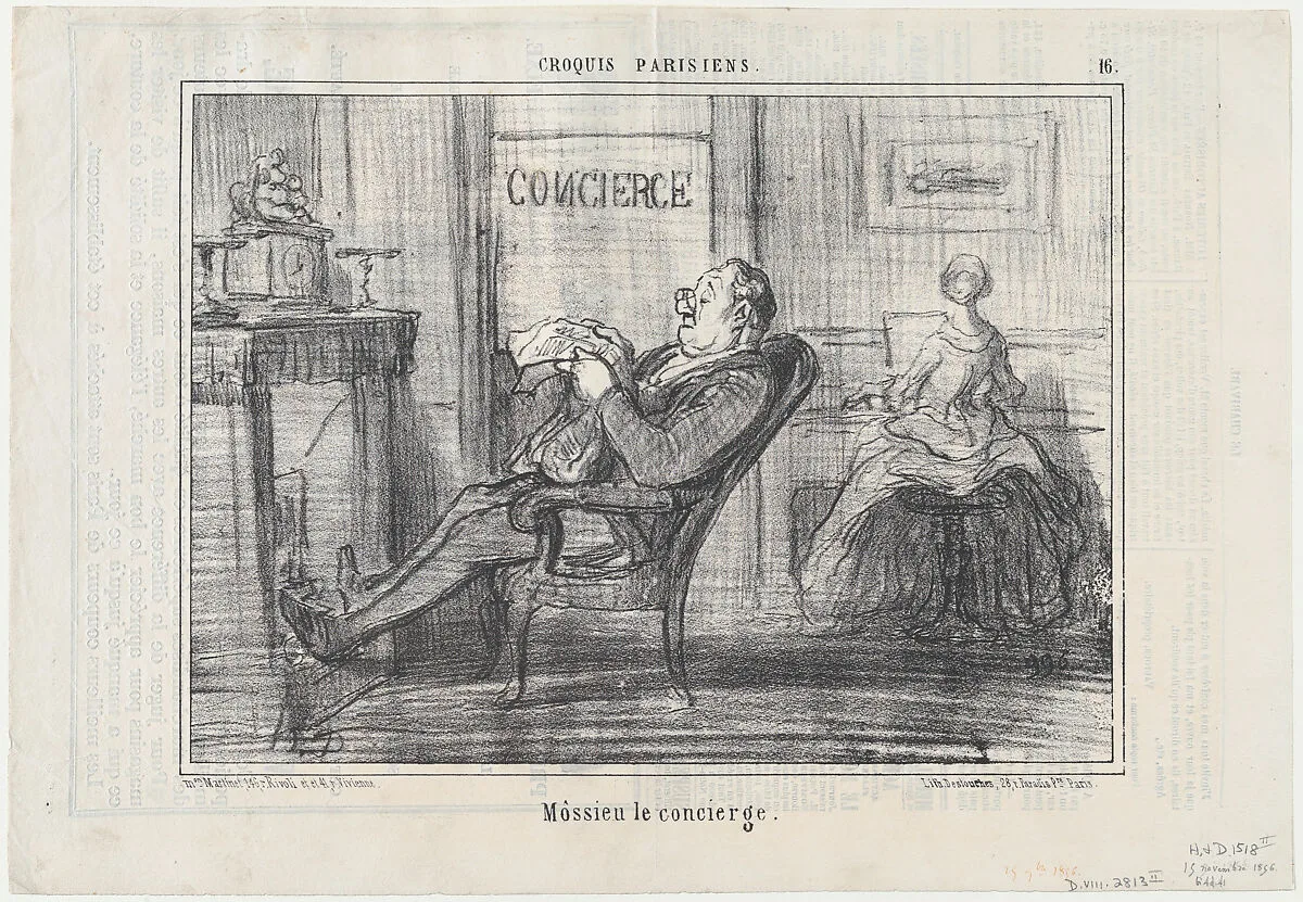 Môssieu le concierge, from Croquis Parisiens, published in Le Charivari, November 25, 1856 — Aaron Martinet|Honoré Daumier|Destouches