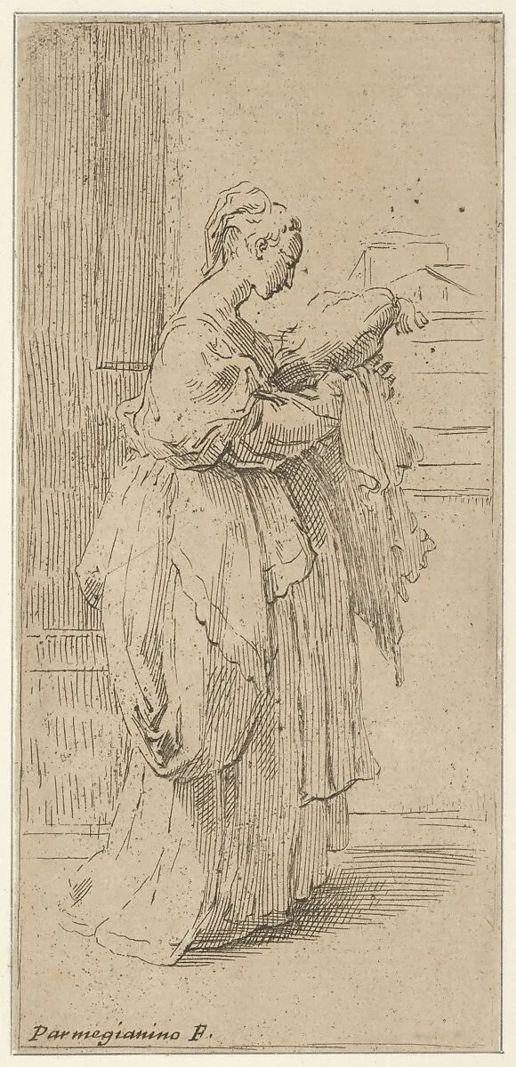 Girl carrying a cushion, seen in profile facing right — Guido Reni|Parmigianino (Girolamo Francesco Maria Mazzola)