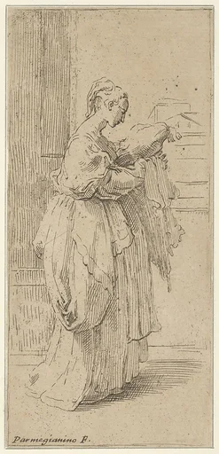 Girl carrying a cushion, seen in profile facing right