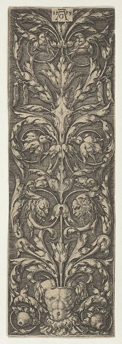 Vertical Panel with Inhabited Candelabrum Rising from a Cuirass — Heinrich Aldegrever