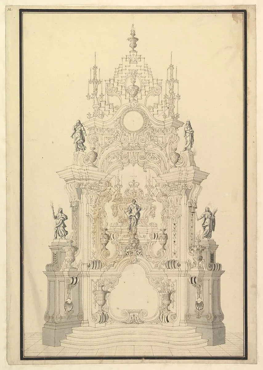 Elevation of a Catafalque with a royal Crown surmounting the Casket — Giuseppe Galli Bibiena