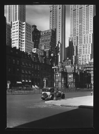 [Second Empire Town Houses and Skyscrapers with Parked Car in Foreground, New York City]