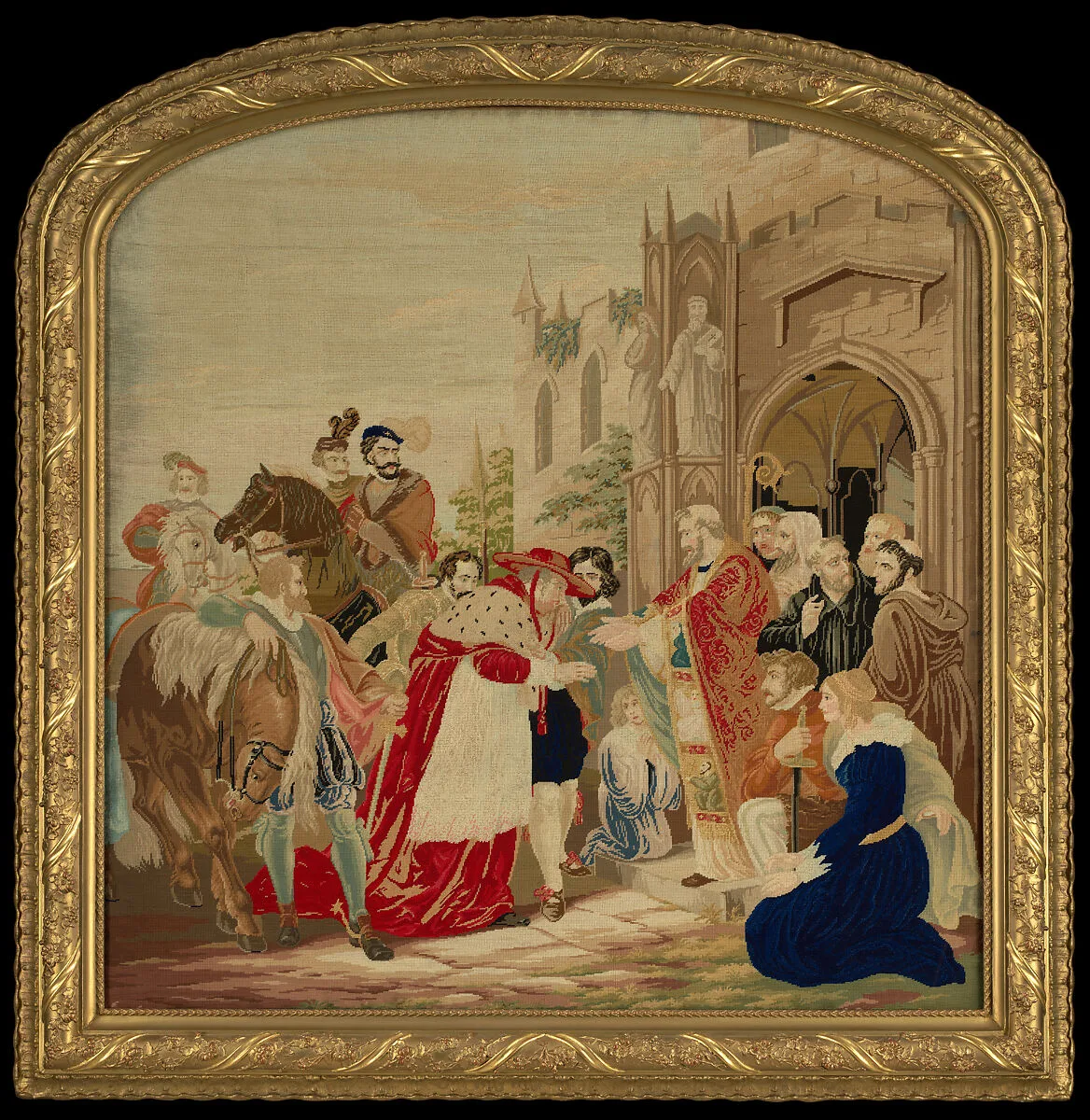 Needlework picture of scene from Shakespeare’s "Henry VIII" — Agnes (Pruyn) Strain|Mary (Putnam) Pruyn