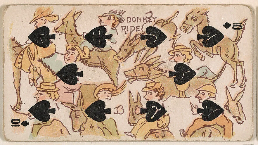 Ten of Spades, Donkey Ride, from Harlequin Cards, 2nd Series (N220) issued by Kinney Bros. — Kinney Brothers Tobacco Company