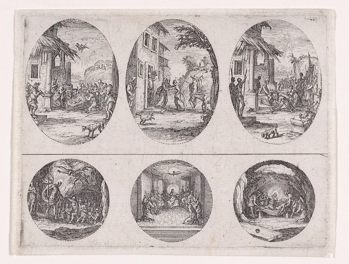 Two Oval Medallions and Two Rondels, from "Variae tum Passionis Christi tum vitae beatae Mariae Virginis; Les Mystères de la Passion suite appelée aussi Mystères de la Vie de Jésus et Mystères de la Vie de Jésus et de la Vie de la Ste. Vierge" (The Mysteries of the Passion, also called the Mysteries of the Life of Jesus, and the Mysteries of the Life of Jesus and of the Virgin) — Jacques Callot|Israël Henriet
