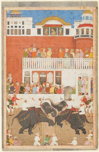 "Shah Jahan Watching an Elephant Fight", Folio from a Padshahnama