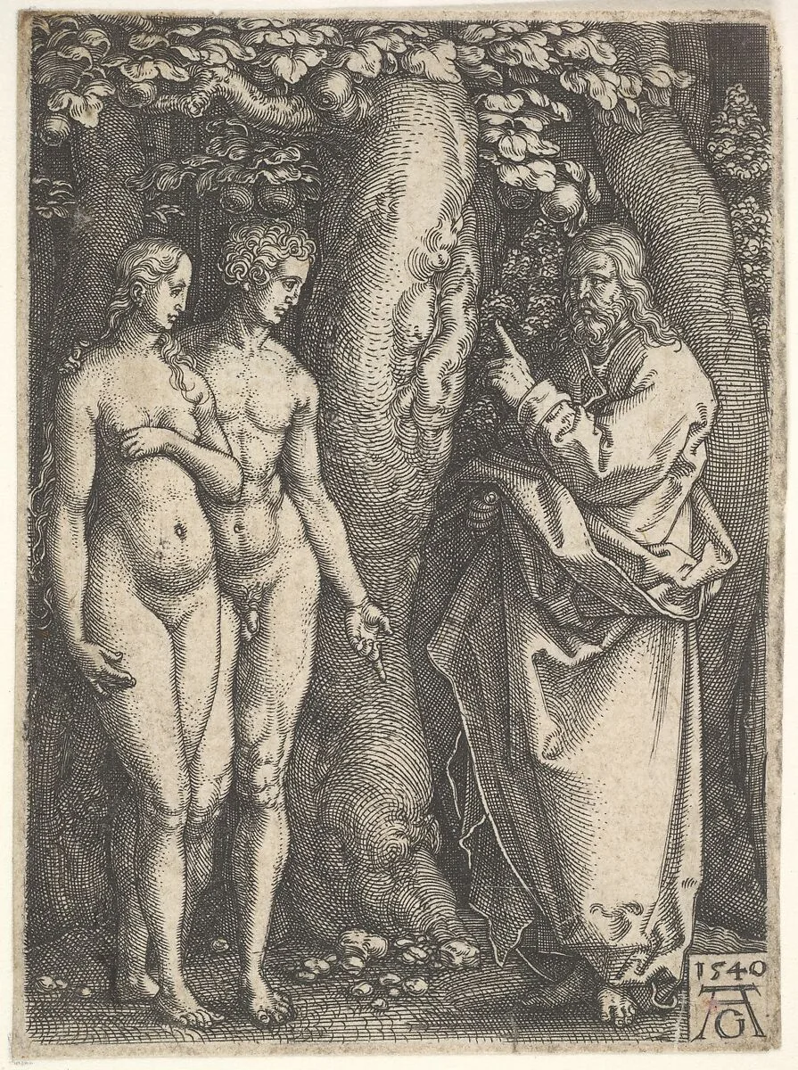 God at right forbidding the nude Adam and Eve at left to eat from the tree of knowledge in center, from 'Adam and Eve' — Heinrich Aldegrever