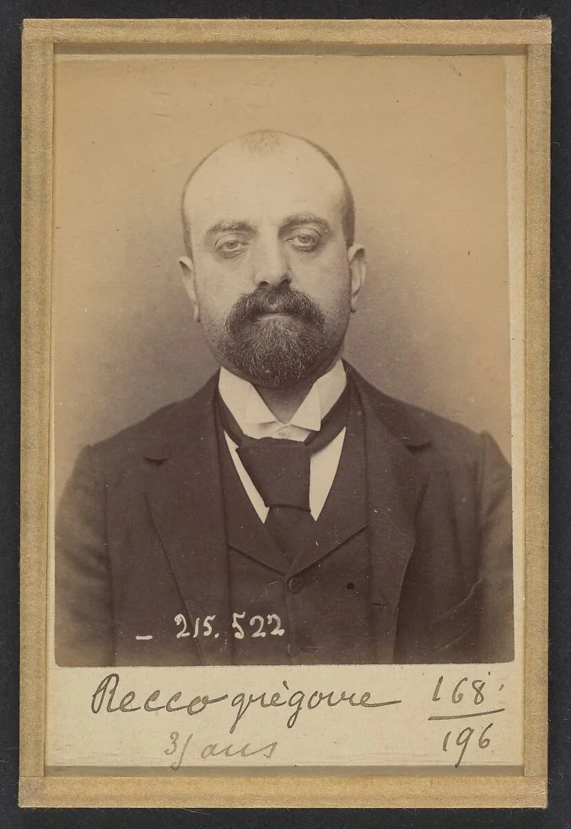 Recco. Grégoire. 35 ans, né à Formia (Italie). Tailleur d'habits. Anarchiste. 11/3/94. — Alphonse Bertillon