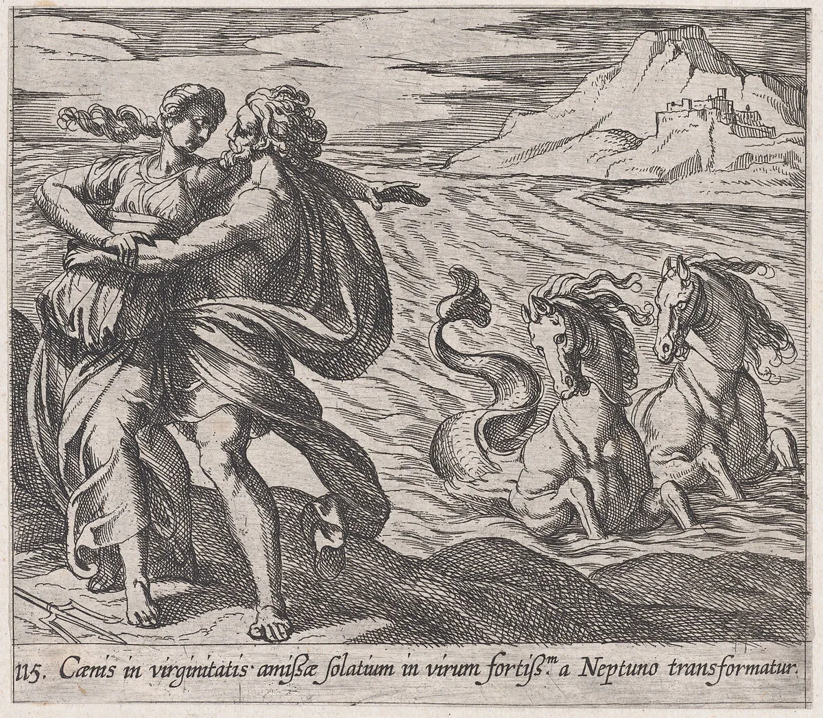 Plate 115: The Rape of Caenis (Caenis in virginitatis amißae solatium in virum fortiß.m a Neptuno transformatur), from Ovid's 'Metamorphoses' — Antonio Tempesta