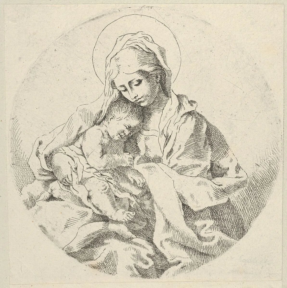 The Virgin holding the infant Christ, a circular composition, after Reni — Guido Reni|Anonymous, 17th century