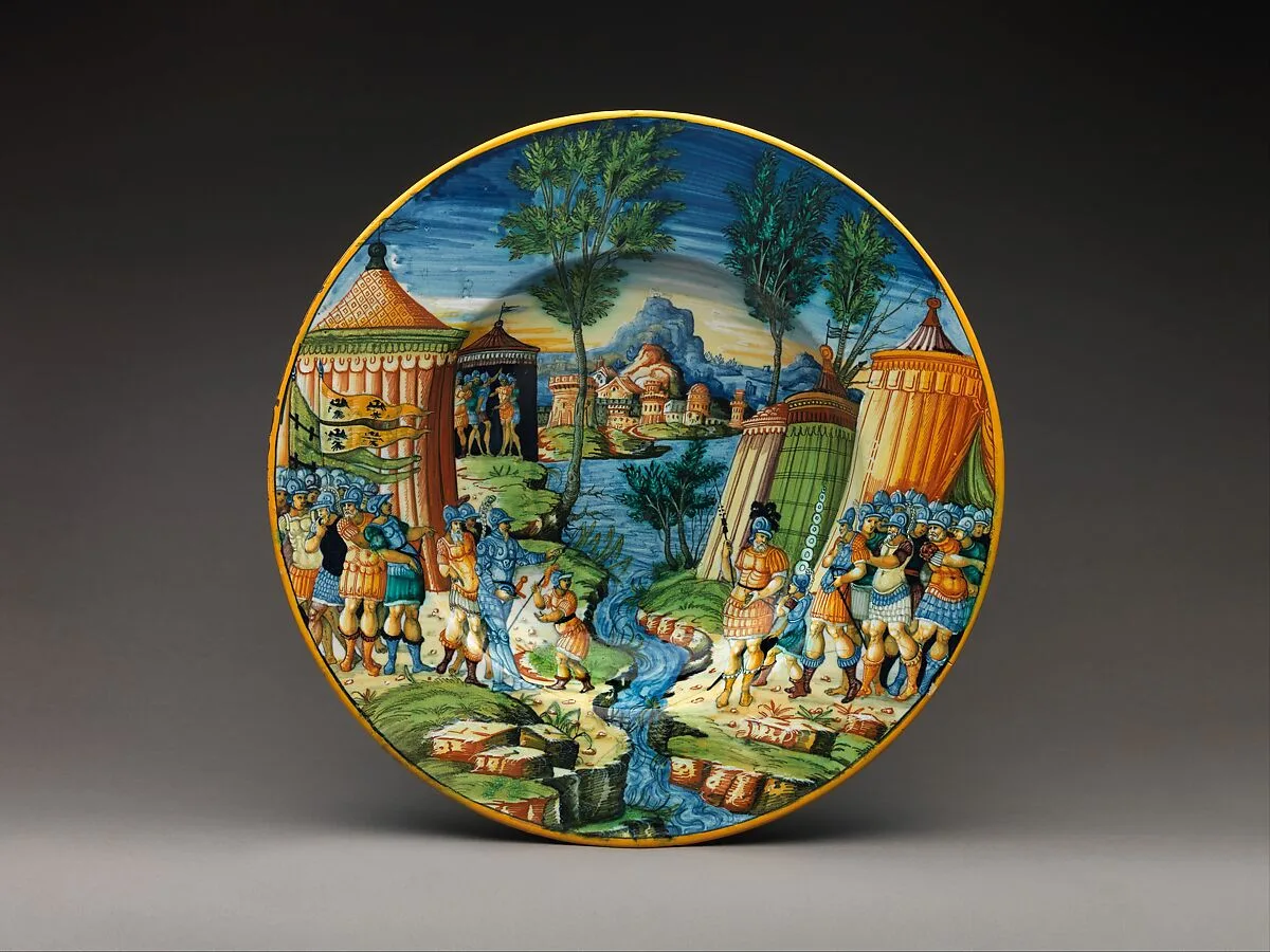 Dish or plate with Hannibal Encountering Roman Troops in Italy — workshop of Guido Durantino