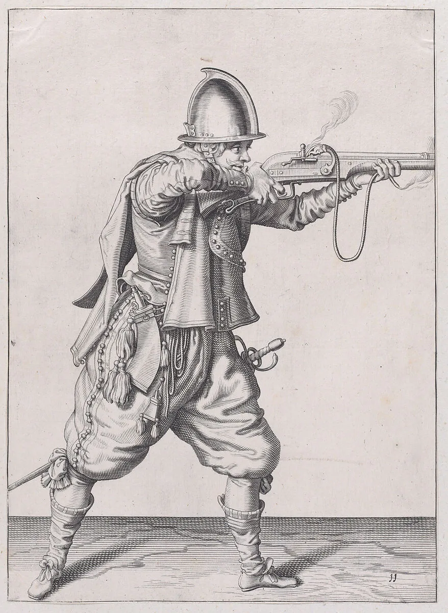 A soldier taking aim, from the Marksmen series, plate 11, in Waffenhandlung von den Rören Musquetten undt Spiessen / Wapenhandelinghe van Roers Musquetten ende Spiessen (The Exercise of Arms) — Jacques de Gheyn II|Jacques de Gheyn II|Robert Willemsz de Baudous