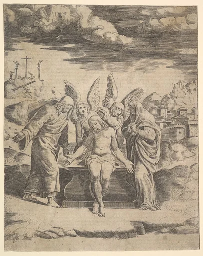 Christ seated on the tomb supported by angels