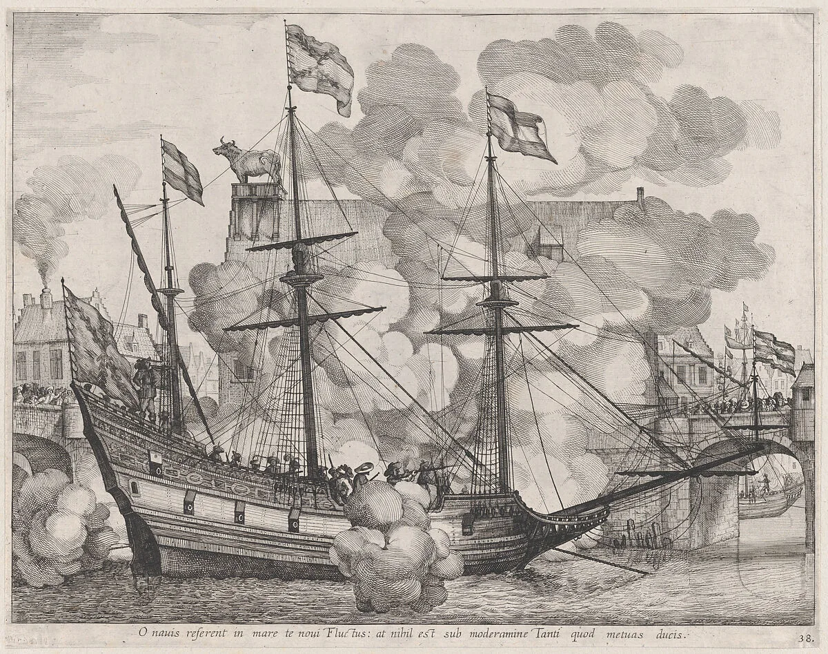 Plate 38: Triumphal ship with the city of Ghent in the background; from Guillielmus Becanus's 'Serenissimi Principis Ferdinandi, Hispaniarum Infantis...' — Johannes Meursius