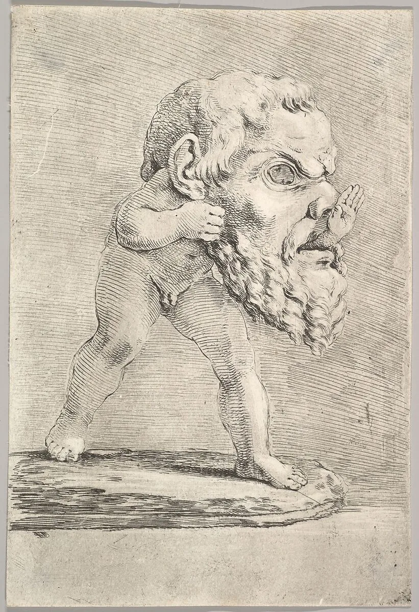 A child wearing a large mask and inserting his hand through the mouth — Stefano della Bella
