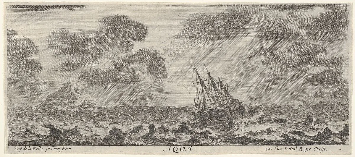 Water, a ship at sea during a storm, from 'The four elements' (Les quatre Eléments) — Stefano della Bella