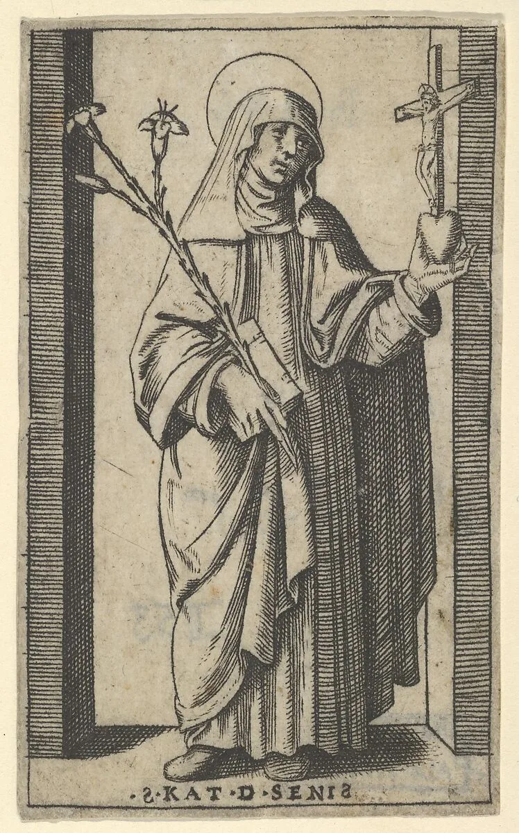 Saint Catherine of Siena standing holding flowers and book in her right hand, a heart and crucifix in her left, from "Piccoli Santi" (Small Saints) — Marcantonio Raimondi