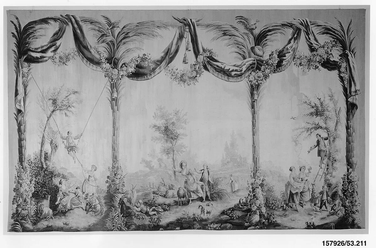 The Swing, The Harvest, and Cherry Picking from a set of the Pastorals with Blue Draperies — Beauvais|Jean-Baptiste Huet I|de Menou