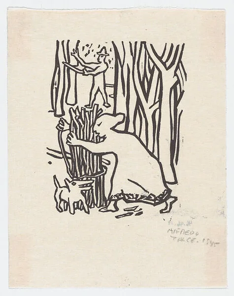 Mother and son chopping and bundling wood, illustration for 'El Sombrerón' — Alfredo Zalce