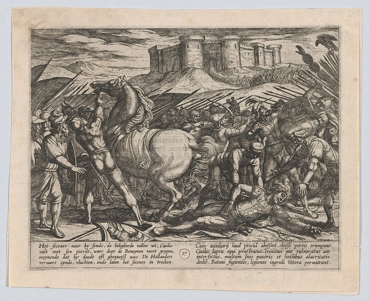 Plate 17: The Romans Misled by Civilis' Horse to Believe that He was Dead or Injured, from The War of the Romans Against the Batavians (Romanorvm et Batavorvm societas) — Antonio Tempesta|Otto van Veen