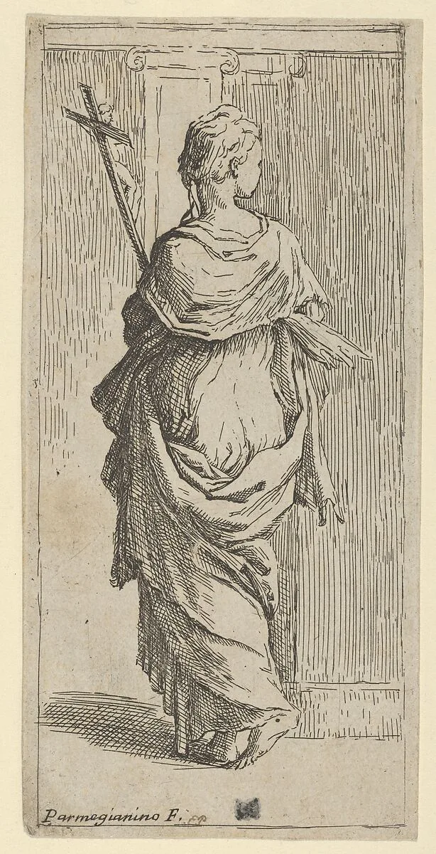 Girl carrying a crucifix and stepping toward a pilaster, seen from behind — Guido Reni|Parmigianino (Girolamo Francesco Maria Mazzola)