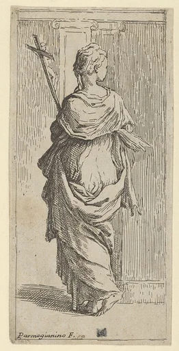 Girl carrying a crucifix and stepping toward a pilaster, seen from behind