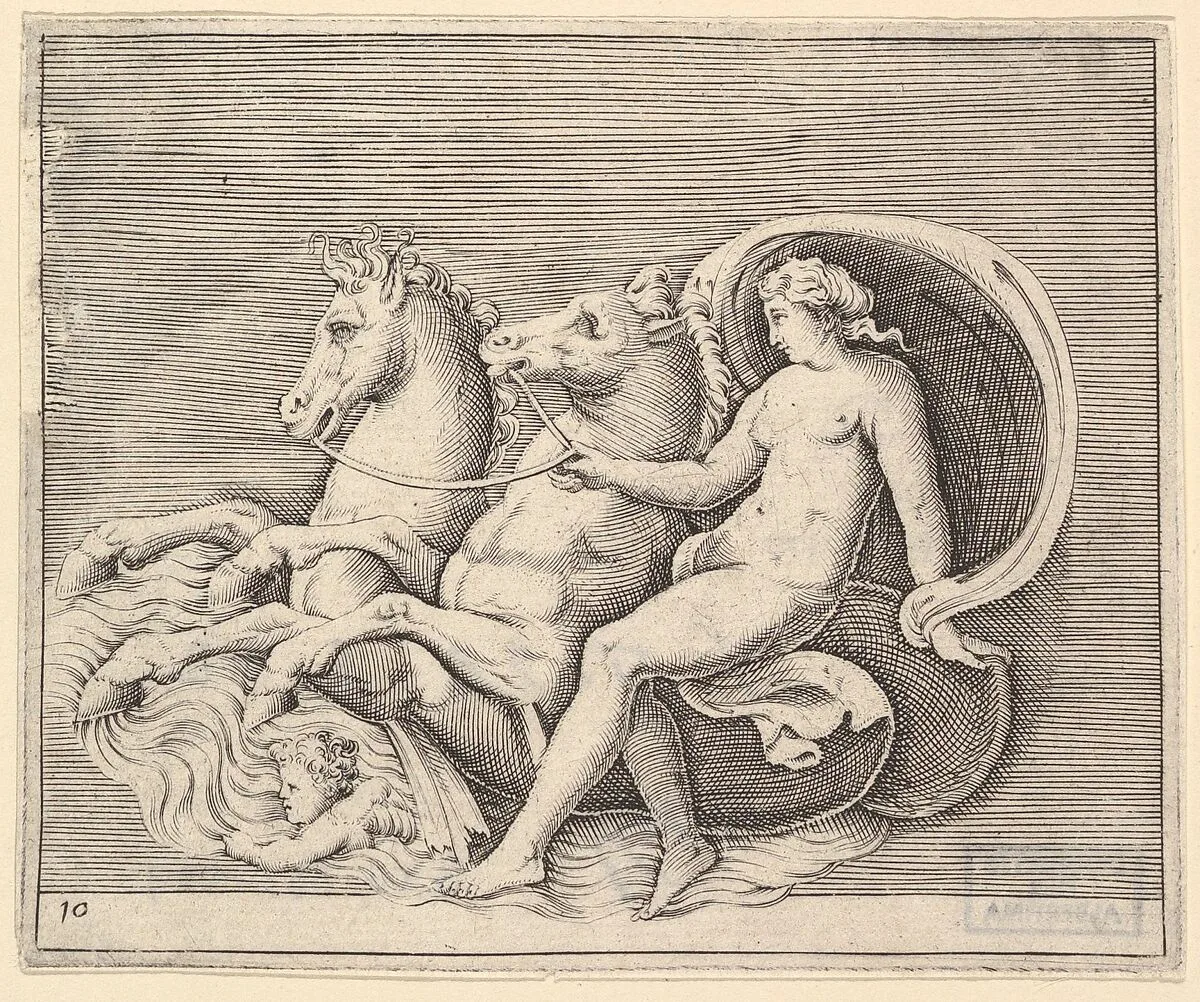 Female Nude with Two Seahorses, from "Ex Antiquis Cameorum et Gemmae Delineata/ Liber Secundus/et ab Enea Vico Parmen Incis" — Enea Vico|Francesco Angeloni|Battista Franco|Philippe Thomassin|Anonymous, Italian, 16th century