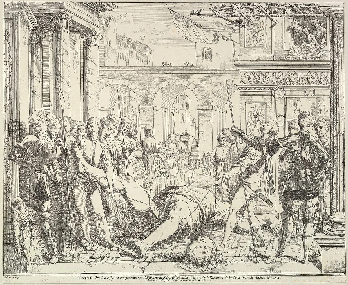 The Martyrdom of Saint Christopher, from "The Story of Saints James and Christopher in the Eremitani Chapel" — Giovanni David|Andrea Mantegna
