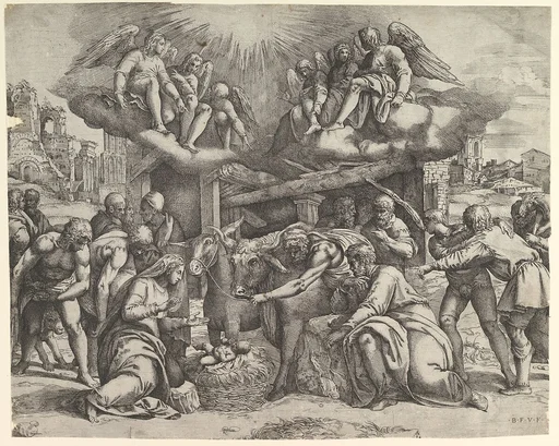 The Adoration of the Shepherds with angels overhead