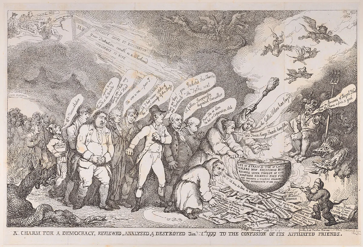 A Charm for a Democracy, Reviewed, Analysed, & Destroyed Jan 1 1799 to the Confusion of its Affiliated Friends — Charles James Fox|Thomas Rowlandson|Henri Merke|James Whittle|Maximilien-François-Marie-Isidore de Robespierre|George III, King of Great Britain and Ireland|William Pitt