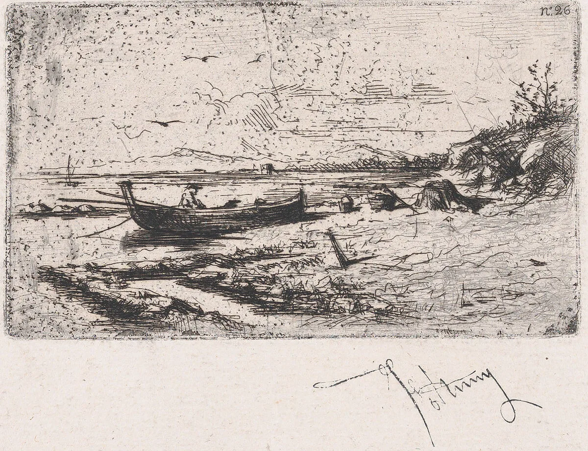 A boat near the shoreline of a beach or a river — Mariano Fortuny, 1838–1874