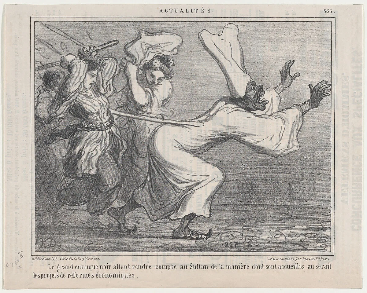 Le grand eunuque noir allant rendre compte au Sultan..., from Actualités, published in Le Charivari, September 18, 1858 — Honoré Daumier|Destouches|Aaron Martinet