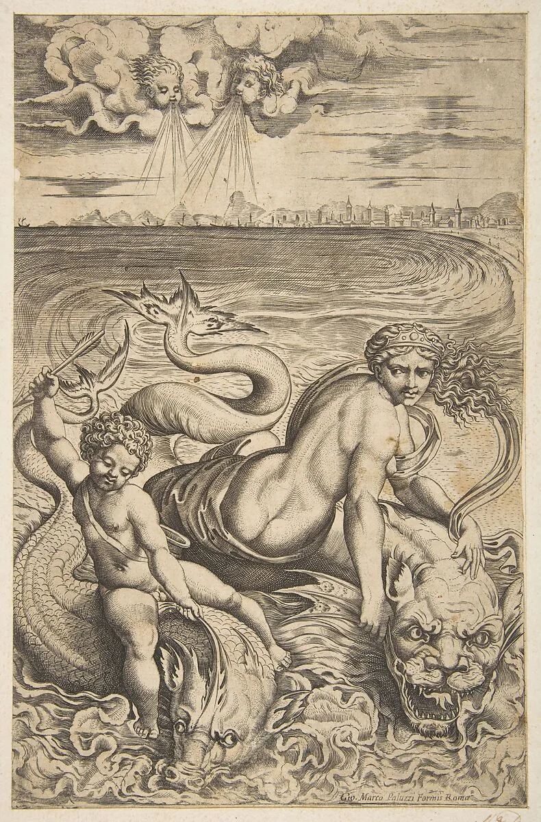 Venus and Cupid riding two sea monsters, Cupid raises an arrow in his right hand, two heads representing wind in the clouds above — Giovanni Marco Paluzzi|Marco Dente|Raphael (Raffaello Sanzio or Santi)