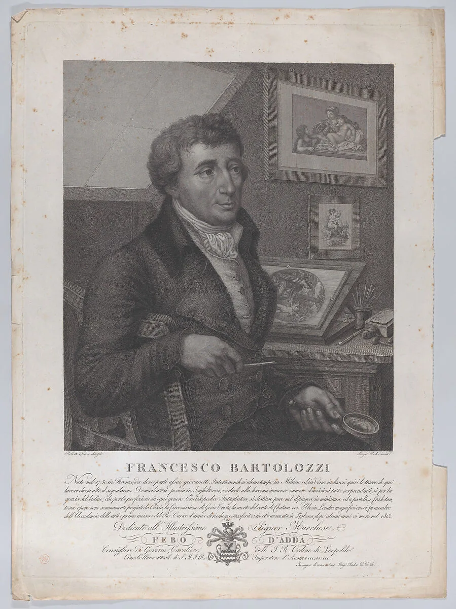 Portrait of Francesco Bartolozzi, seated, holding a magnifying glass with printmaking tools and a plate on the desk behind him — Roberto Focosi|Luigi Rados|Francesco Bartolozzi