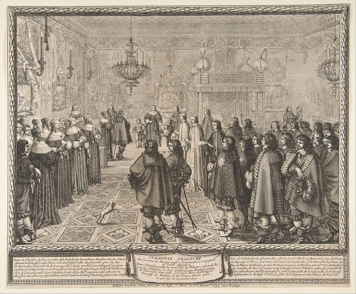 Ceremony of the Contract of Marriage between Władysław IV, King of Poland, and Marie Louise Gonzaga, Princess of Mantua, at Fontainebleau — Abraham Bosse