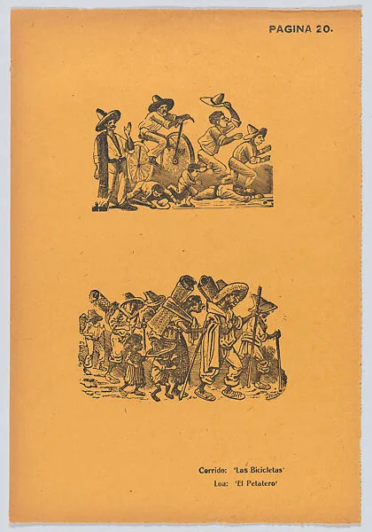 Page 20: a scene of figures riding bicyles, another of figures walking, from '36 Grabados' (Mexico, 1943) — José Guadalupe Posada|Arsacio Vanegas Arroyo