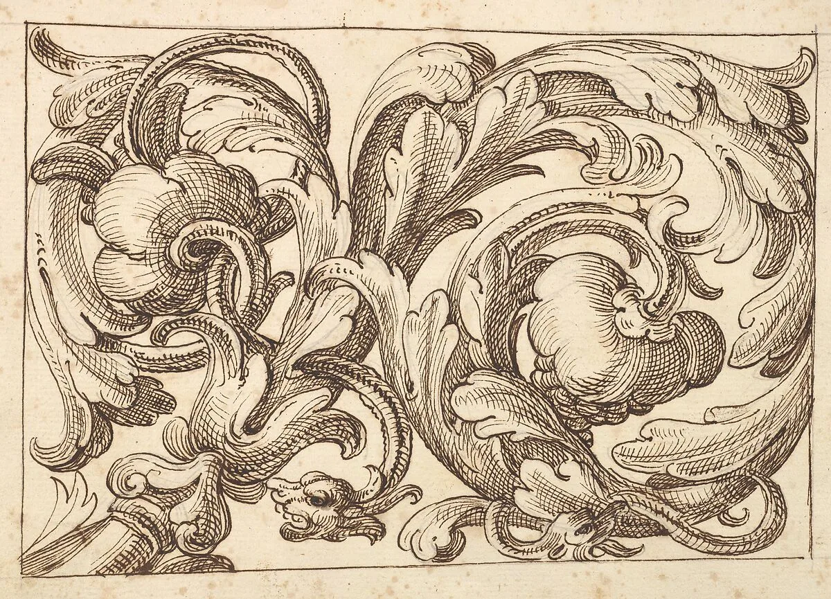 Horizontal Panel Design Filled with a Meandering Acanthus Rinceau and Two Fantastical Creatures. — Polifilo Giancarli|Anonymous, Italian, Venetian, 17th century
