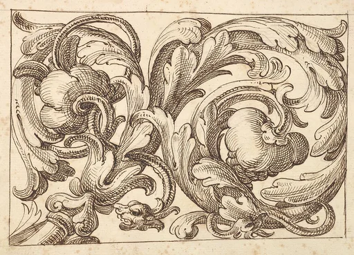 Horizontal Panel Design Filled with a Meandering Acanthus Rinceau and Two Fantastical Creatures.