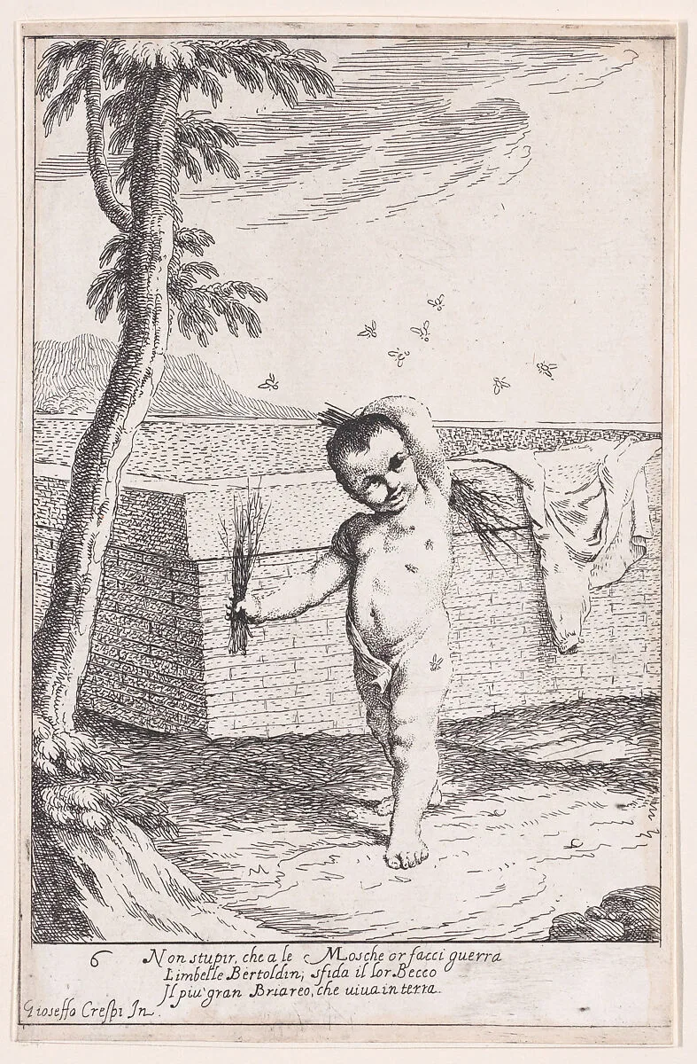 Plate 12: Bertoldino whipping himself to kill flies, from "Bertoldo, Bertoldino, and Cacasenno" — Giuseppe Maria Crespi