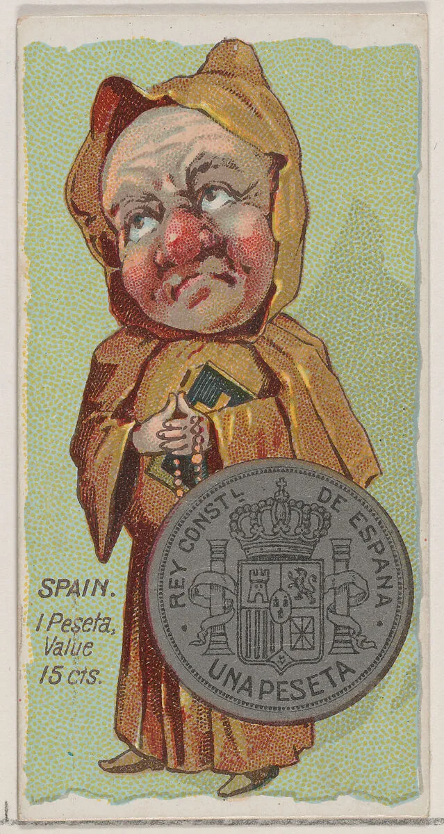 Caricatured Spaniard, 1 Peseta, from the series Coins of All Nations (N72, variation 2) for Duke brand cigarettes — W. Duke, Sons & Co.