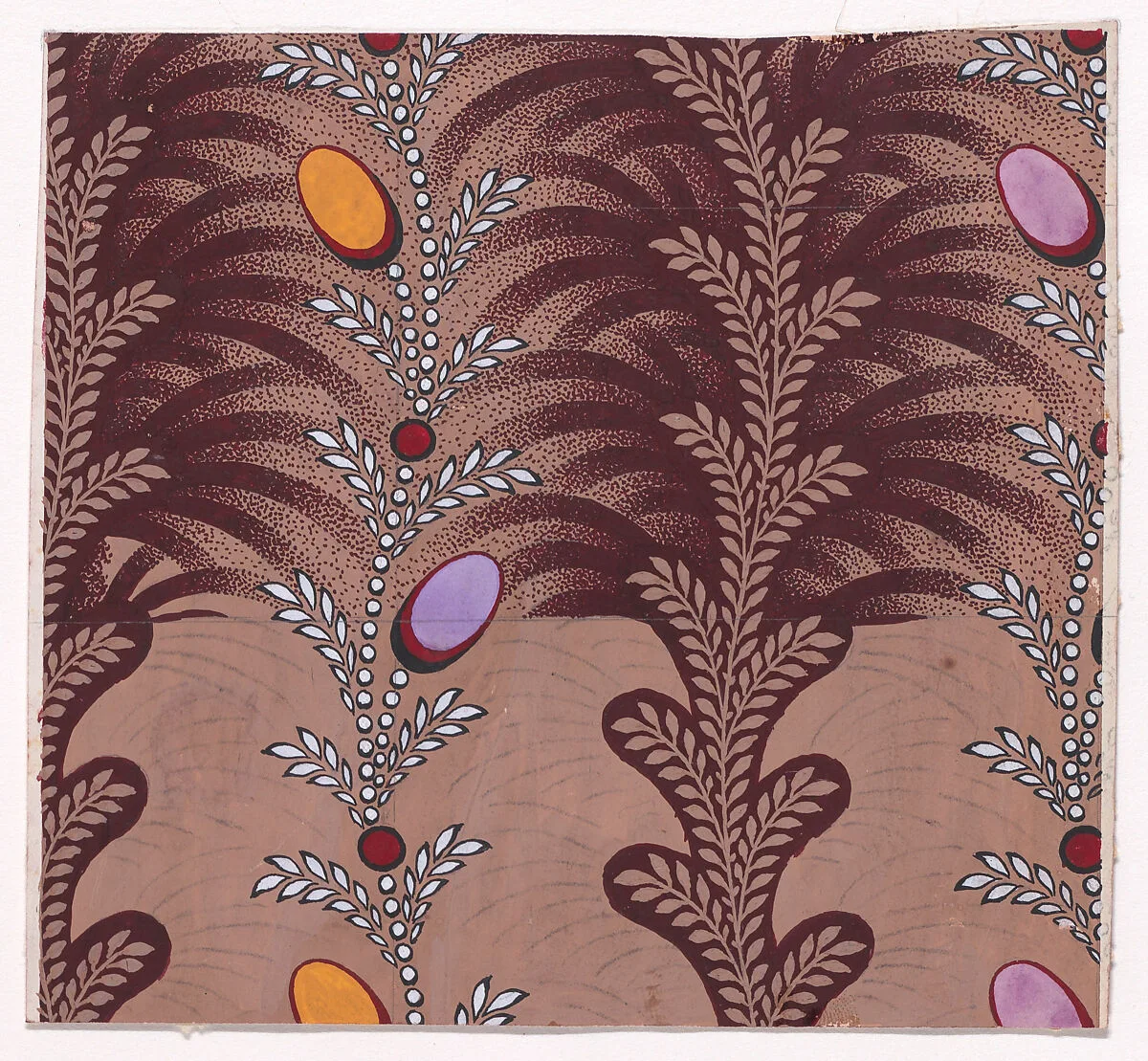 Textile Design with Alternating Vertical Garlands of Stylized Leaves and Undulating Strips of Pearls with Offsetting Stylized Leaves and Ovals — Anonymous, Alsatian, 19th century