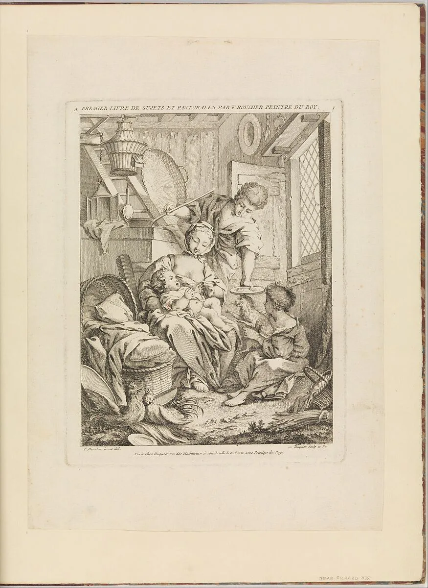 Plate 1: Young Woman Feeding her Infant, from Premier Livre de Sujets et Pastorales (First Book of Subjects and Pastorals) — François Boucher|Gabriel Huquier|Gabriel Huquier