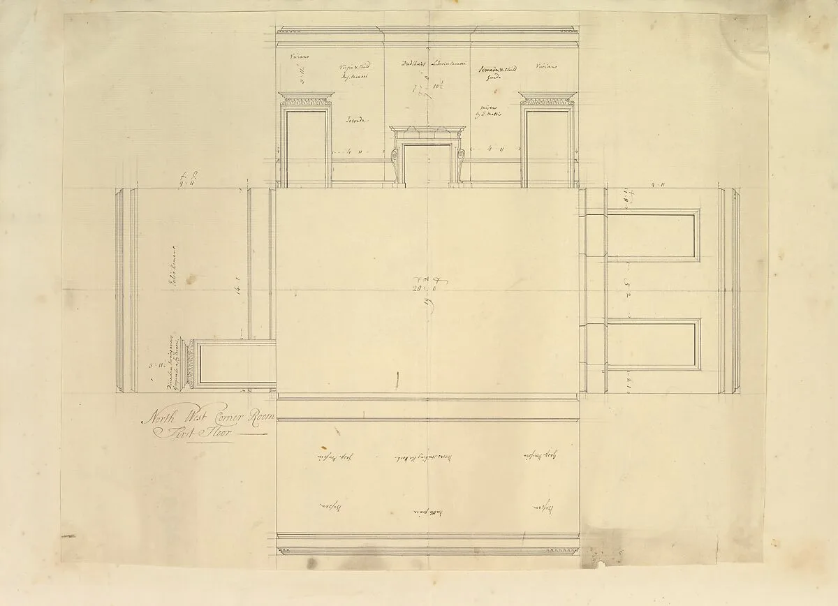 Treasury House, 10 Downing Street, London: Plan of the End Room Below (Northwest Corner Room, First Floor) — William Kent|Isaac Ware|Robert Walpole, 1st Earl of Orford