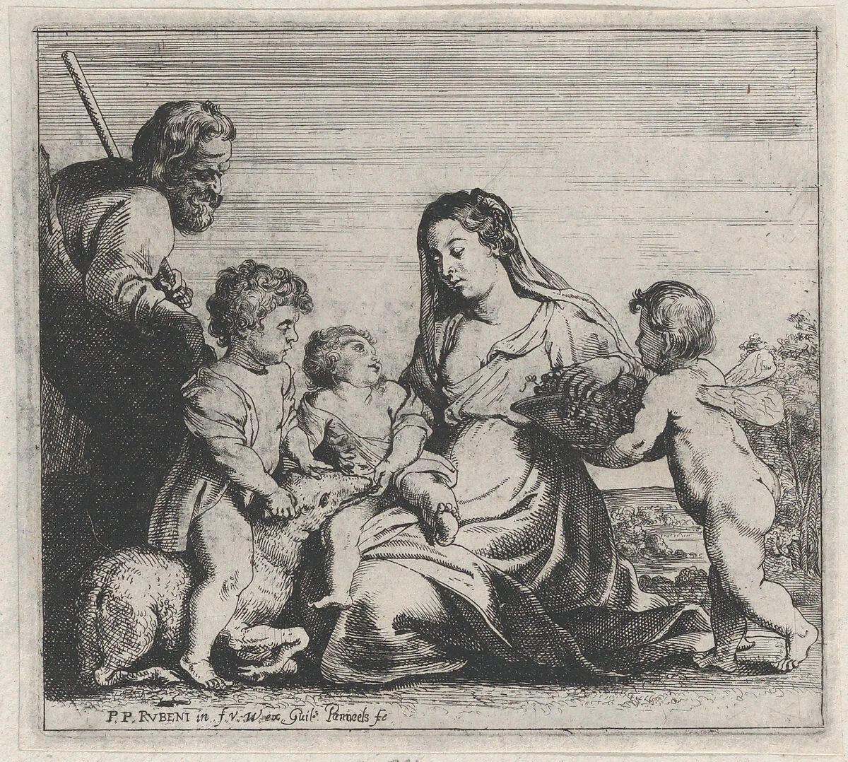 The Holy Family and Saint John the Baptist playing with a lamb, an angel at right — Frans van den Wyngaerde|Peter Paul Rubens|Willem Panneels